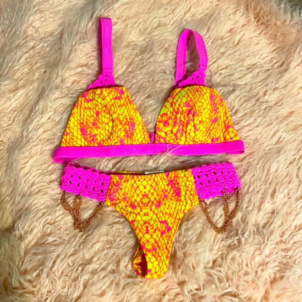 Bahimi Neon Pink Yellow Crochet Bikini with Hardware Medium